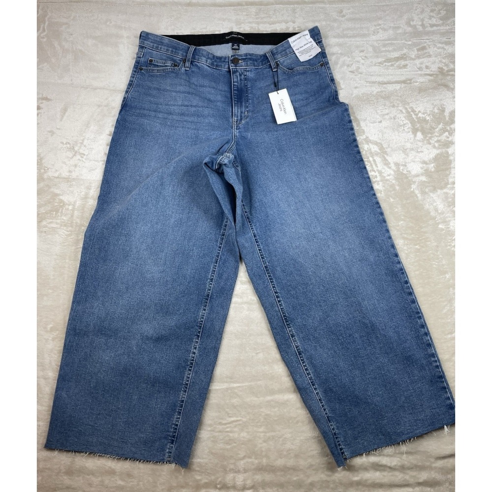 Calvin Klein Women High Rise Wide Leg Jeans Cropped Cut Off Hem NWT 16W